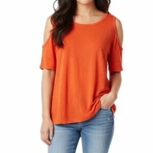 Bobeau Women's Cold Shoulder Top S Orange Burnout Knit Short Sleeve High Low